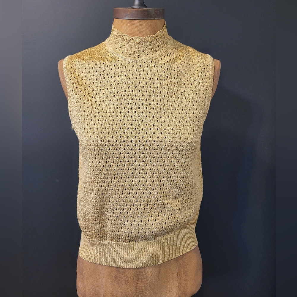 St. John Mock Open Knit Metallic Gold Top Size P
